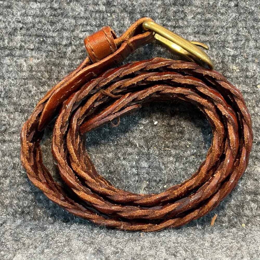 Lands' End Youth Brown Braided Leather Belt Solid Brass Buckle Size M 24-26